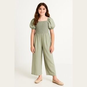 Bonnie Jean Army Green Puff Sleeve Smocked Jumpsuit Girls Size 12